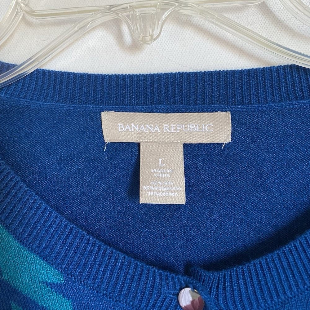 Banana Republic Silk Blend Cardigan Women L Blue Houndstooth Academia Retro Twee - Picture 3 of 8
